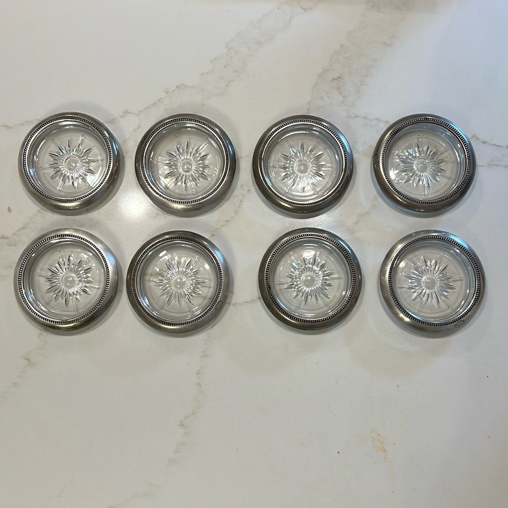 Vintage Coaster Set Lot of 8 Leonard Crystal Glass & Silverplate